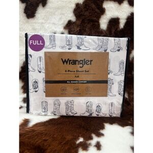 Wrangler Full 4-Piece Sheet Set Cowboy Boot Print White Navy Blue‎